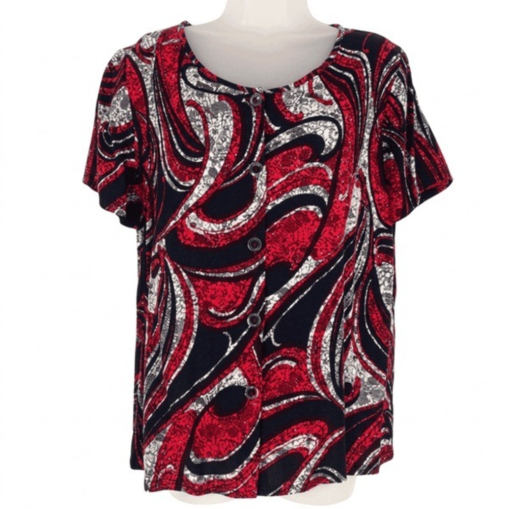 Red Black Swirl Print Button Down Blouse Short Sleeve Casual Top Small